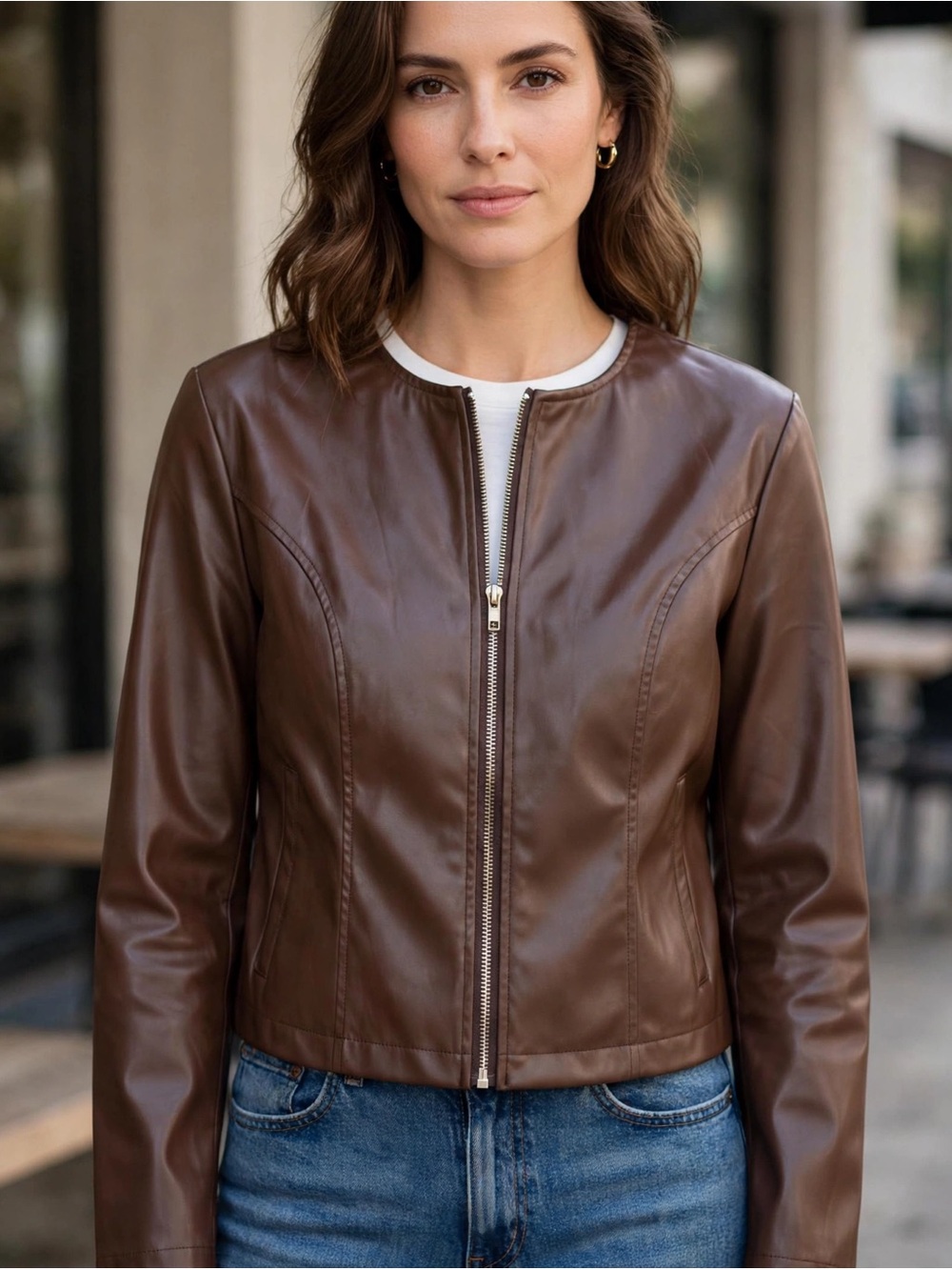 SHEIN Brown Faux Leather Zip-Front Jacket